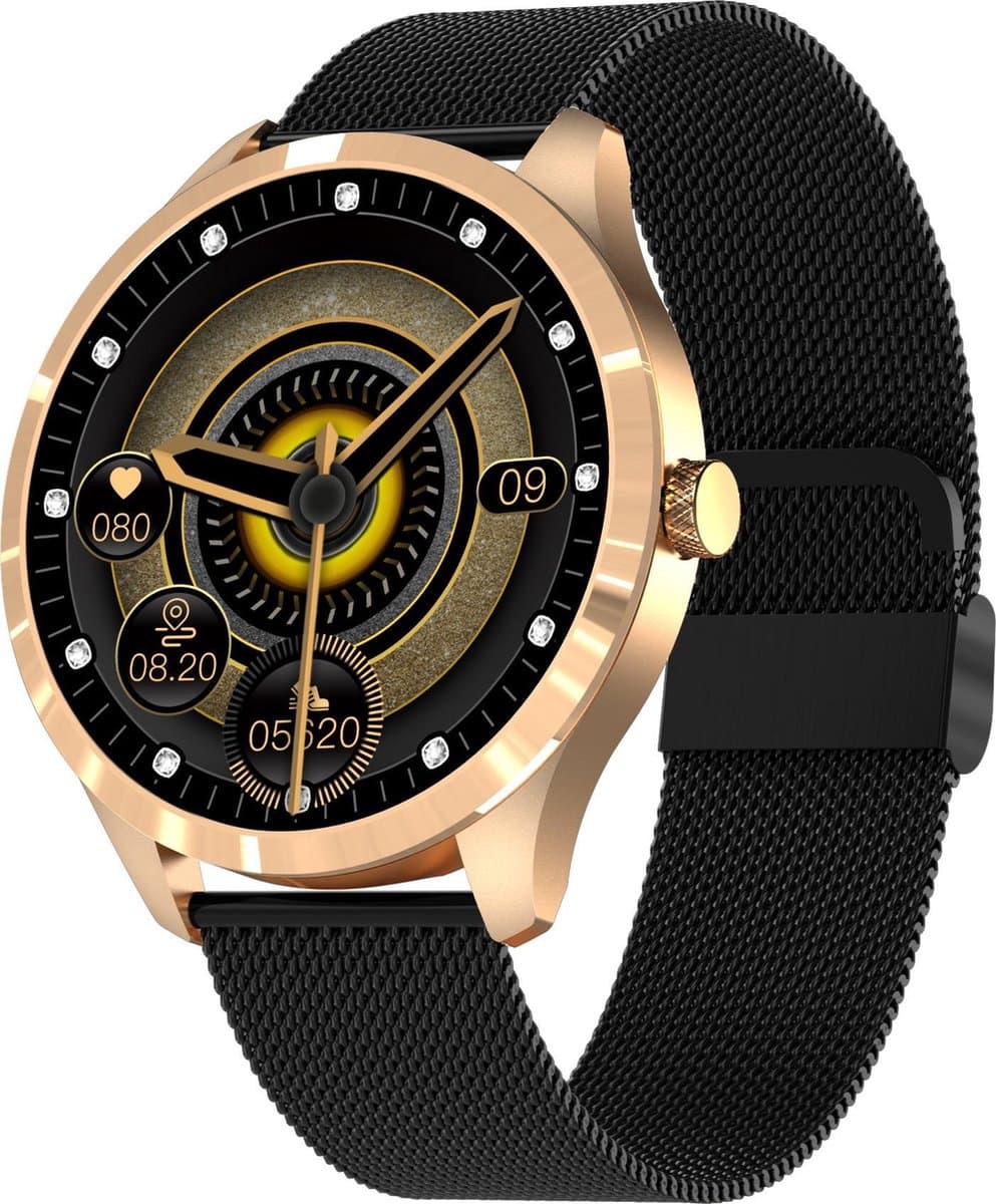 Belesy® Q9 Pro - Smartwatch Dames – Smartwatch Heren - Horloge - 1.28 inch - Kleurenscherm - Stappenteller - Bloeddruk - Hartslag - 75+ Wijzerplaten – Sporten – Staal – Goud - Zwart - Kerstcadeau — afbeelding 1