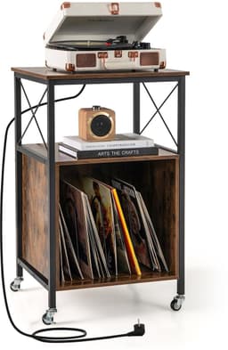 COSTWAY Platenstandaard met geïntegreerd laadstation, record player stand, bijzettafel hout, platenspeler standaard voor vinyl, bruin records, rek voor woonkamer, slaapkamer, 45 x 50 x 82 cm — thumbnail 1