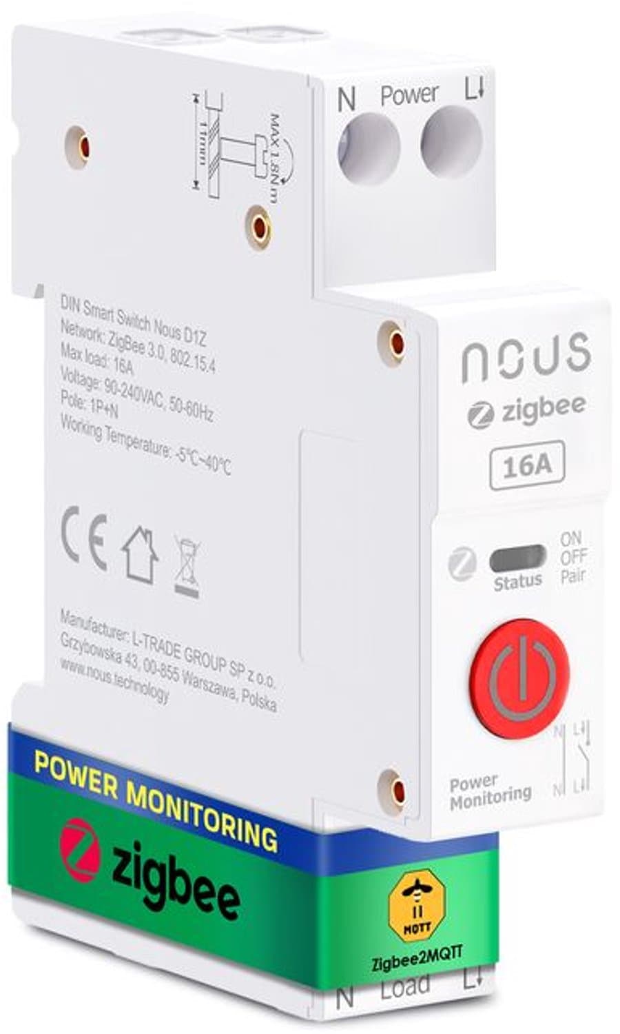 Slimme DIN-railschakelaar D1Z, 16A, energiemeting, TUYA Zigbee, MQTT — afbeelding 1
