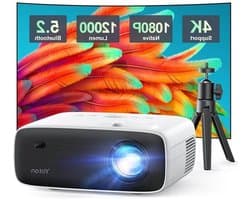 Bluetooth Projector 4K met Statief - Native 1080P 12000 Lumens - Bluetooth 5.2 - Draagbare Home Video Movie Projector - Compatibel met iOS-Android-HDMI-USB-AV-SD Card - Home Cinema Beamer