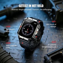 Tactisch Militair Sporthorloge voor Heren – Robuust Horloge met 100 Dagen Batterijduur – Kompas en Zaklamp – Geschikt voor An Android en iOS – met 2,01-inch HD-scherm – AI-Spraakbediening en IP68-Waterbestendigheid - Zwart — thumbnail 2