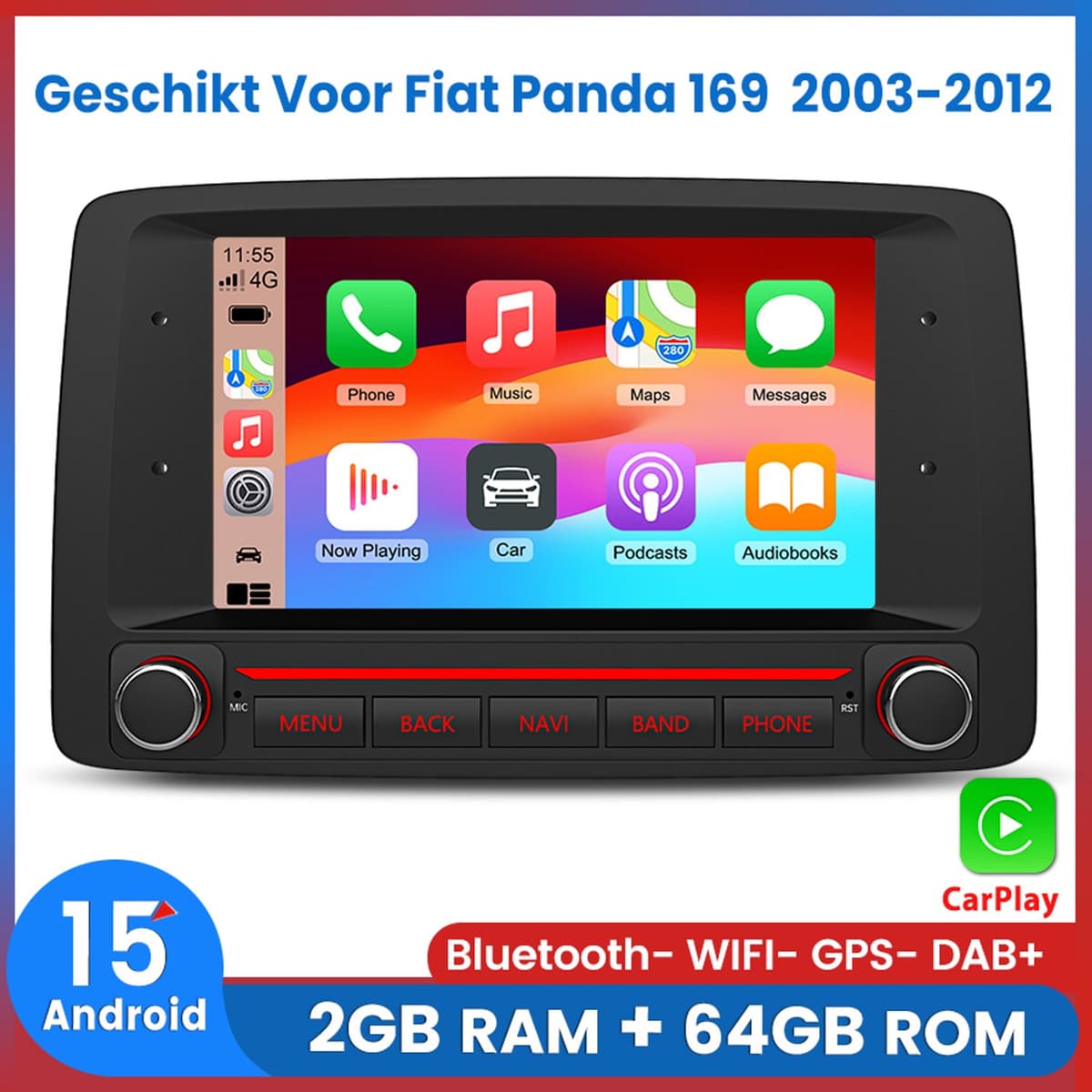 Awesafe Autoradio - Geschikt Voor Fiat Panda 169 2003 t/m 2012 - 7 inch IPS Radio Scherm - Draadloos Apple CarPlay & Android Auto - Android 15.0 Systeem - Ram 2GB + Rom 64GB - GPS Navigatie Bluetooth WIFI RDS DSP - Navigatiesysteem Auto — afbeelding 1