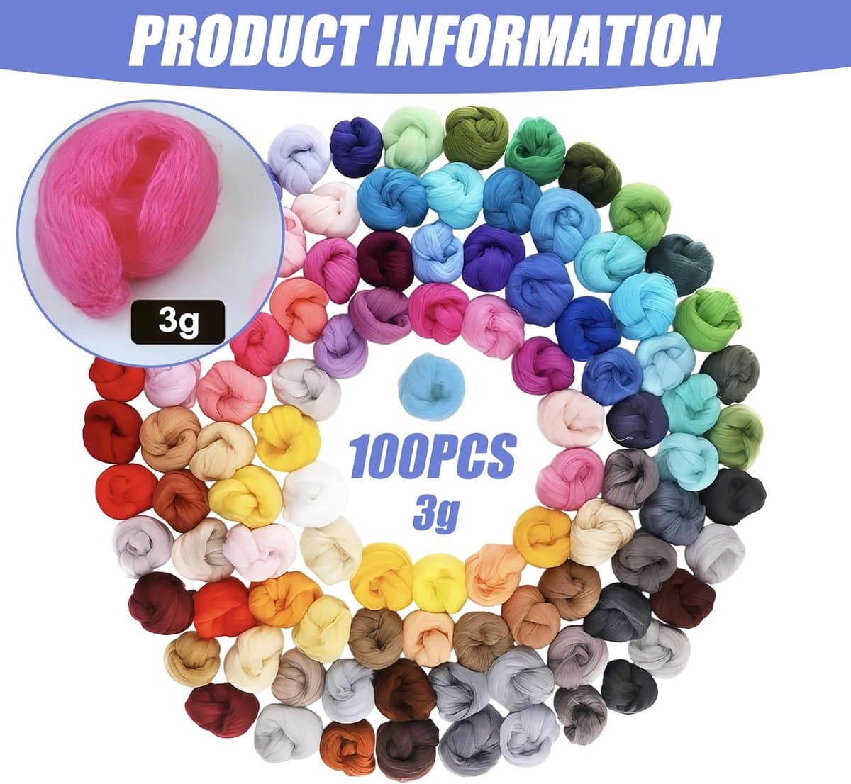 300 g multicolor viltwolset: viltwol, set van 100 kleuren, veelzijdige premium merinowol, nat vilten, droogvilten, wol roving voor droog vilten, voor knutselprojecten en doe-het-zelf handwerk — afbeelding 1