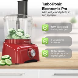 TurboTronic TT-FP800 Food Processor - 800W - 1.2 L - Rood — thumbnail 2