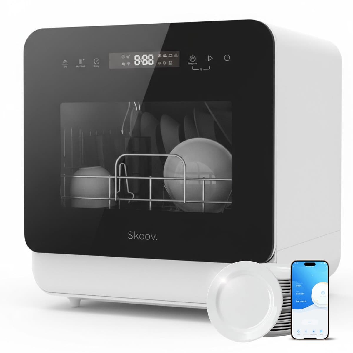 Skoov Mini Vaatwasser met waterreservoir - 3 couverts - 7 wasprogramma's - Kleine smalle vrijstaande afwasmachine - Camping - Wit — afbeelding 1