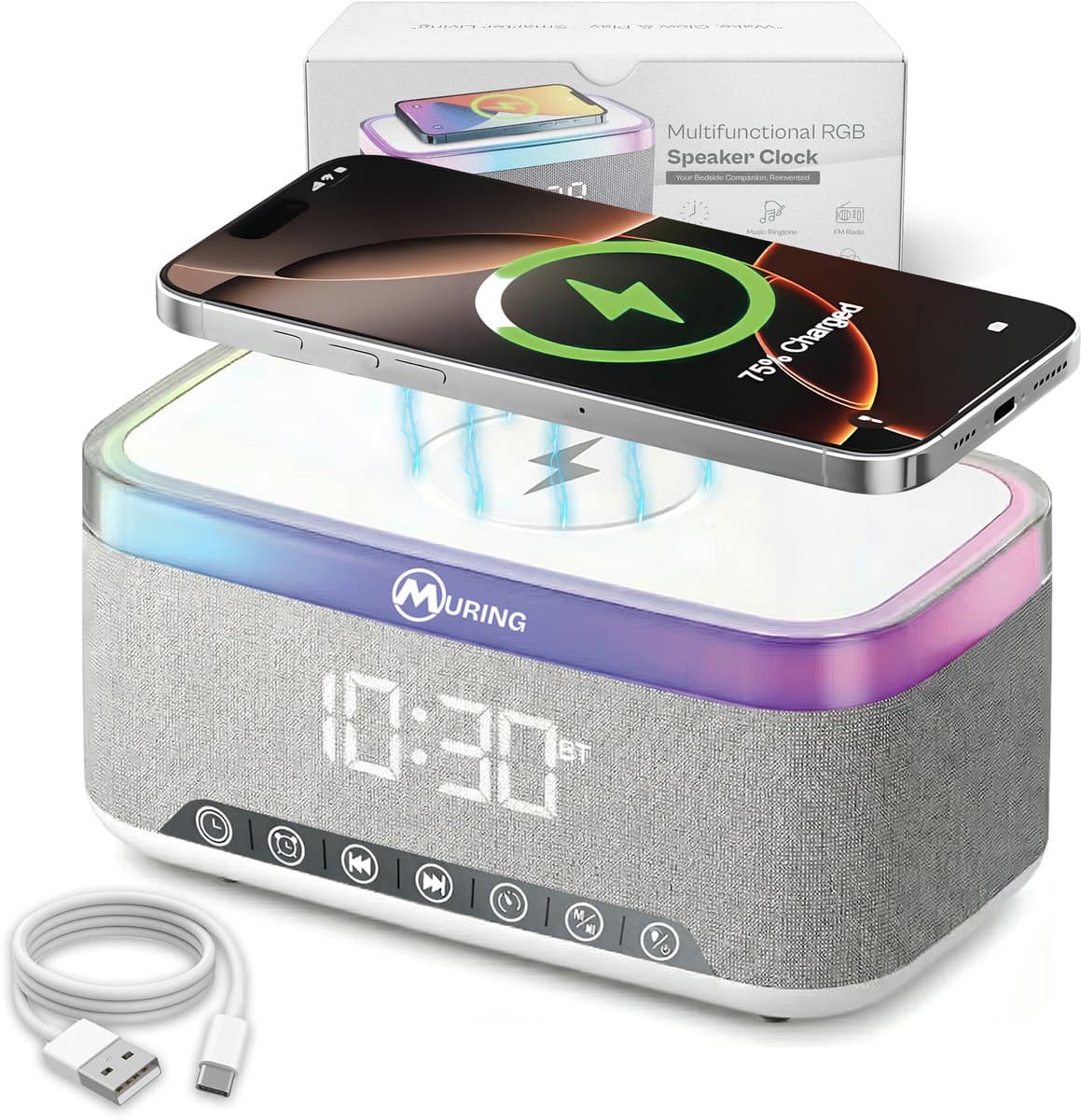 Muring Digitale Wekkerradio – Digitale Klok Slaapkamer – 15 W Draadloos opladen - Speaker met bluetooth - 13 Lichtstanden - Lichtwekker – Wekker voor kinderen & volwassenen – Netstroom – Alarmklok – Wit — afbeelding 1