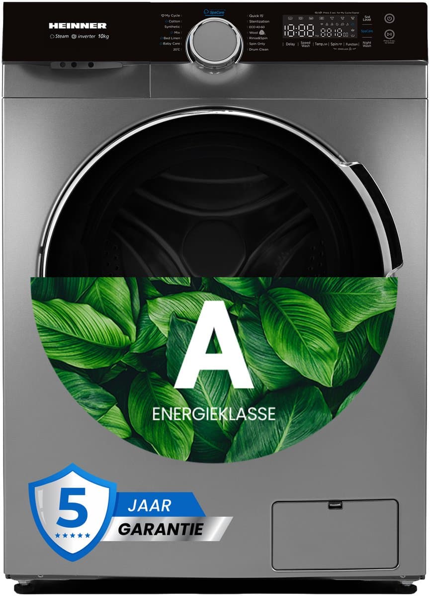 Heinner HWM-M1014IVKSA++ Wasmachine 10 kg – Inverter Motor – 1400 tpm – 14 Programma’s – Stoomfunctie – Energieklasse A – Touchbediening – Zilver – 5 Jaar Garantie — afbeelding 1