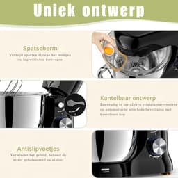 Deegmachine - Keukenmachine - Stille Roermachine - Incl. 5 Liter Roestvrijstalen Kom - 3 Mengaccessoires - Spatbescherming - Deegschraper En Eierscheider - Deegmachine Met 8 Standen - (Zwart) — thumbnail 2