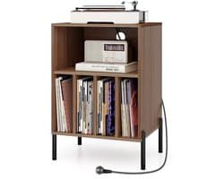 COSTWAY Draaitafel standaard met laadstation, vinylplaten, draaitafel met plank en 4 scheidingswanden en metalen poten, platenstandaard bijzettafel, woonkamer kantoor, 53 x 45 x 78,5 cm (bruin)