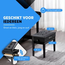Finesse Premium Pianobank - Hoogte Verstelbaar - met Opbergruimte - Zacht Kussen - Pianokruk - Pianostoel - Zwart — thumbnail 2