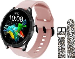 Belesy® Q9 Pro - Smartwatch Dames – Smartwatch Heren - Horloge - 1.28 inch - Kleurenscherm - Stappenteller - Bloeddruk - Hartslag - 75+ Wijzerplaten – Sporten – Siliconen - Panterprint - Roze - Kerstcadeau — thumbnail 3