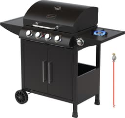 KitchenBrothers Gas BBQ - Gasbarbecue met zijbrander - 5 Branders - PFAS Vrij - Met Gasaansluiting - 42x57cm Grilloppervlak - Extra Opbergruimte - Vaderdag Cadeau - Zwart — thumbnail 1