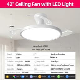 Archi Plafondventilator LED-Lamp – Ventilatie - 6 Snelheden – Dimbaar – App & Afstandsbediening – 3 Lichtkleuren - Intrekbare bladen — thumbnail 5