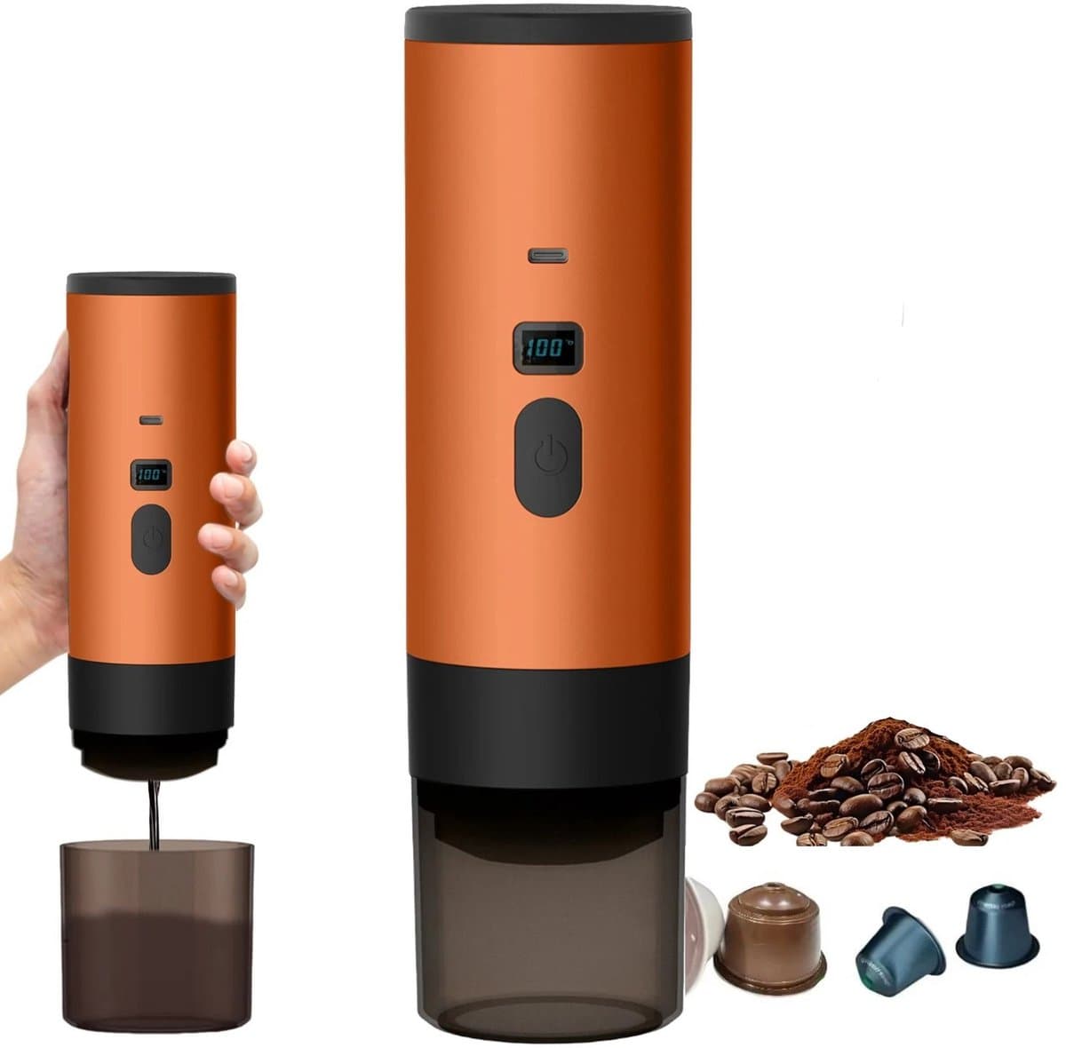 Hutjemutje - draagbare koffiezetapparaat - koffiemachine - draadloos voor in de auto - 12V - espresso - nespresso - dolce gusto - capsule koffie - gemalen koffie - oplaadbaar - oranje — afbeelding 1