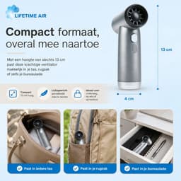 Lifetime Air Hoge Snelheidsventilator - Draagbare Handventilator met 3 Snelheden - Mini Ventilator USB-C Oplaadbaar - Krachtige Luchtstroom voor Onderweg - 13 x 4 x 9 cm - Grijs — thumbnail 4
