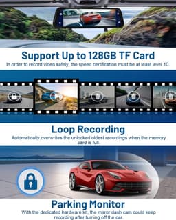 SnelShoppen - Dashcam Auto Spiegel 9.66'' met Achteruitrijcamera, Carplay Android Auto, Stembesturing, GPS, Nachtzicht, Loopopname, G-Sensor, Parkeerb — thumbnail 4