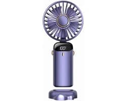 Draagbare handventilator – Verbeterde 800 mAh-ventilator met led-display – 90° inklapbaar, 5 snelheden, 3-in-1 (hand-, nek- en bureauventilator) – Compacte ventilator voor o.a. make-up(Paars)