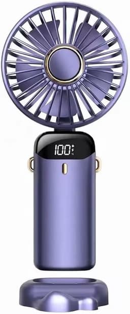 Draagbare handventilator – Verbeterde 800 mAh-ventilator met led-display – 90° inklapbaar, 5 snelheden, 3-in-1 (hand-, nek- en bureauventilator) – Compacte ventilator voor o.a. make-up(Paars) — thumbnail 1