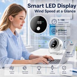 VHV-Draagbare Bureauventilator Wit - 199 Snelheden USB Tafelventilator met 4000mAh Accu - 360° Roterende Fan met LED Display - Stille Wandventilator voor Slaapkamer Kantoor en Thuis — thumbnail 5