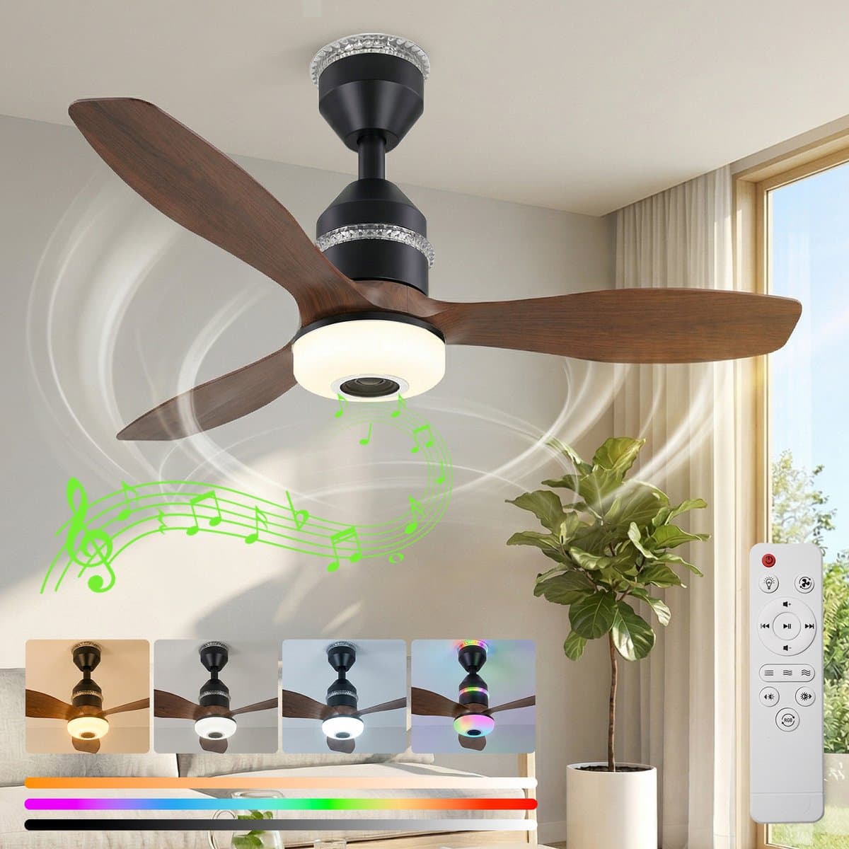 Rosnek Smart Plafondventilator met Verlichting en Bluetooth Speaker - Ø 60 cm - RGB Sfeerlicht - Stille Motor - Afstandsbediening - Dimbare LED - 3 Snelheden - Slaapkamer/Kinderkamer — afbeelding 1