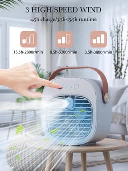 Draagbare luchtkoeler-ventilator – Oplaadbaar (4000 mAh, batterijduur van 4–16 uur); stille bureauventilator; witte persoonlijke luchtkoeler, geschikt voor gebruik in de auto, slaapkamer, op kantoor, op reis en buitenshuis. — thumbnail 3