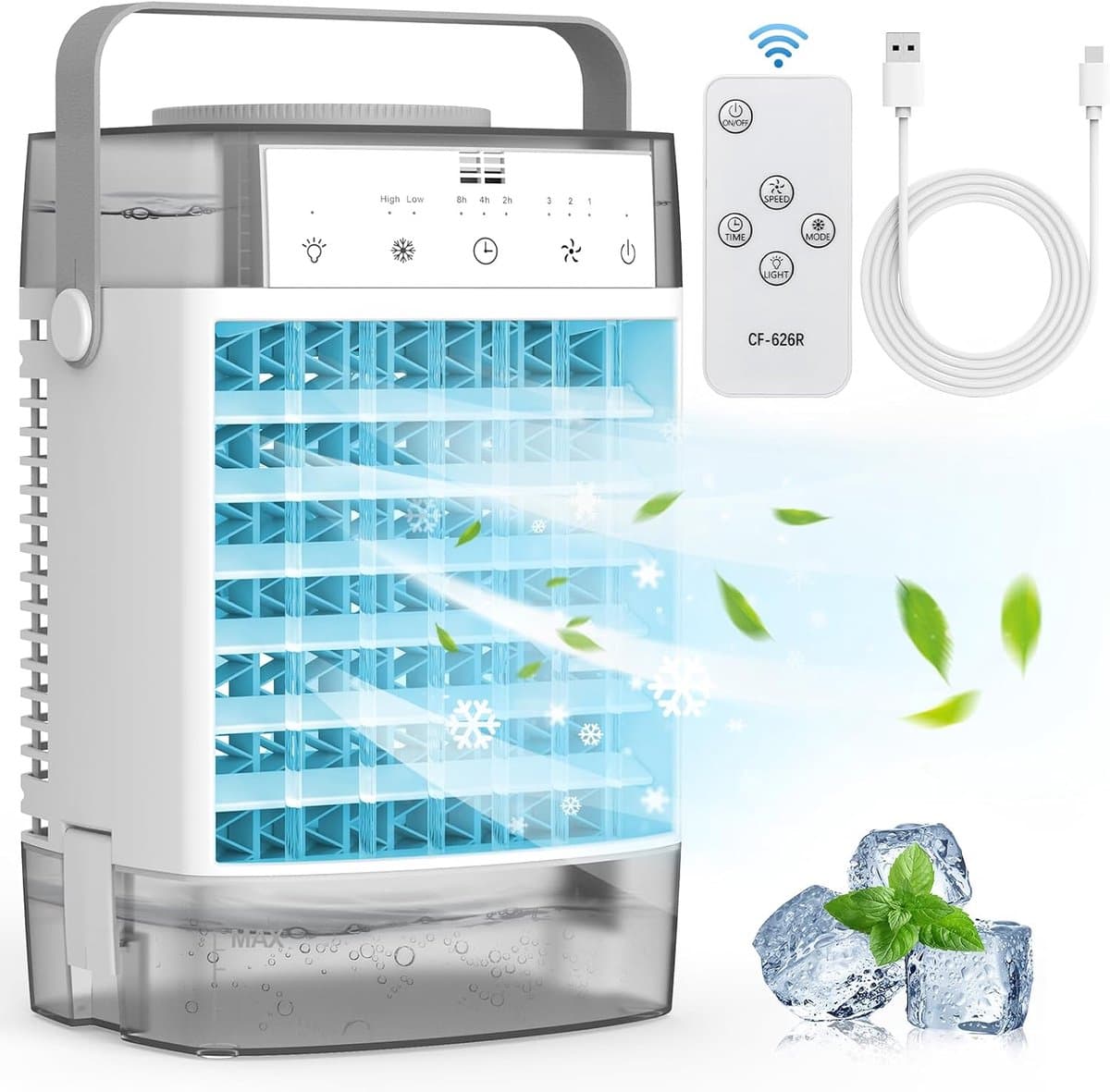 Aircooler met water of ijs-aircooler met koelelementen-verdampingskoele- 1000 ml draagbare airconditioner met afstandsbediening - Krachtige verdampingsairconditioner met 3 snelheden en 7 kleuren LED met timer- Grijs - 19 x 15,6 x 28,6 cm — afbeelding 1