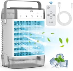 Aircooler met water of ijs-aircooler met koelelementen-verdampingskoele- 1000 ml draagbare airconditioner met afstandsbediening - Krachtige verdampingsairconditioner met 3 snelheden en 7 kleuren LED met timer- Grijs - 19 x 15,6 x 28,6 cm — thumbnail 1