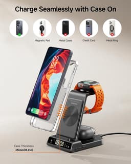 3-in-1 Draadloos Oplaadstation voor Samsung – Oplader voor Telefoon, Horloge & Oordopjes met Digitale Klok, Zwart — thumbnail 4