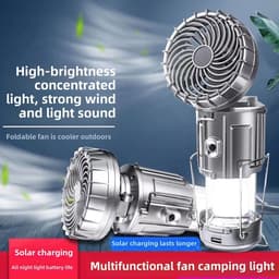 Draagbare USB-ventilator met zonneoplader, multifunctionele campinglamp, uitschuifbare noodlantaarn voor buiten, oplaadbare bureaulamp voor tent, wandelen en thuisgebruik-zilver (1 stuk) — thumbnail 2