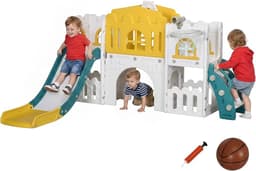 Kinderglijbaan 7-in-1, glijbaan voor kleine kinderen met basketbalmand, klimrek, telescoop, tunnel, stuurwiel, platformgang, opbergmand, kinderspeelplaats voor kinderen van 1 tot 3 jaar — thumbnail 1