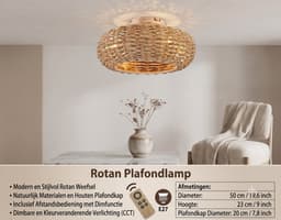 Vintage Plafondventilator met Verlichting & Afstandsbediening – Bamboe & Rotan Design [Energieklasse D] — thumbnail 4