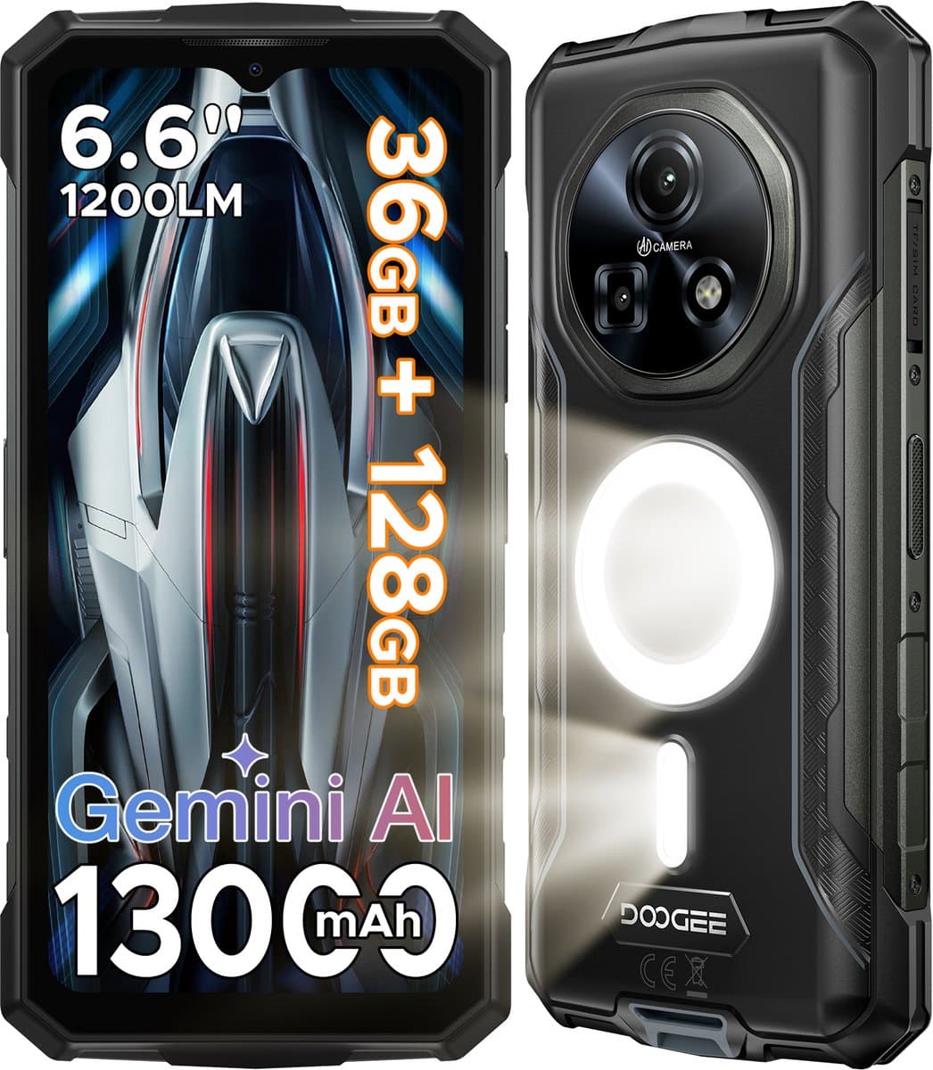 DOOGEE Fire 5 Ultra - Smartphone - Robuuste Smartphone - 36GB RAM + 128GB ROM/2TB TF - Android 16 - 13000mAh/18W - 6,6 inch 90Hz Scherm - IP68 Waterdicht - 1200LM Kampeerlamp - Gemini AI - NFC & GPS - Face ID - Grijs — afbeelding 1