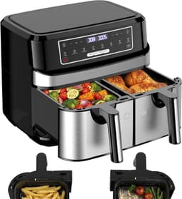 Airfryer Dubbel Compartiment - Olievrije Frituurpan - Gezond Koken - Slimme Finish Functie - 9 Liter Totaal - Zilver — thumbnail 1