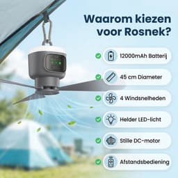 Campingventilator met verlichting, oplaadbaar, tentventilator met verlichting - Afneembare bladen - 45 cm draagbare plafondventilator - Buiten - Tent - 12000 mAh - Grijs — thumbnail 3