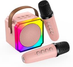 Karaoke Set voor Kinderen met Bluetooth Speaker van MMOBIEL – Met 2 Draadloze Microfoons, LED-verlichting, Geluidseffecten – Feest, Cadeau voor Meisje, Jongen, Kinderen 3+ jaar – Roze — thumbnail 1