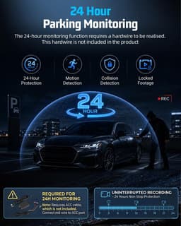 Dashcam voor auto - Zwart - 3,16 inch IPS-scherm - 4 Kamera's 1080p HD Groothoek - 24-uurs Bewaking en Achteruitrijfunctie — thumbnail 3
