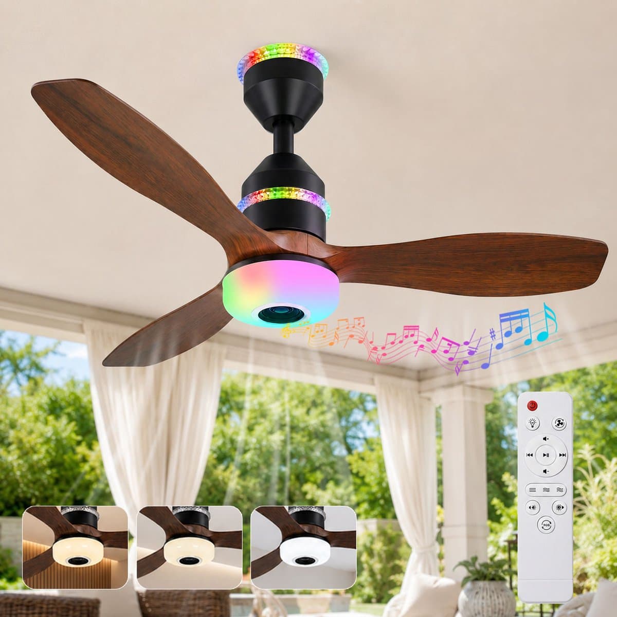 Rosnek Ventilatorlamp Plafond 61 cm - Plafondventilator met Verlichting en Muziekfunctie - RGB LED Lamp - Bluetooth Plafondventilator - Dimbaar - 2000 Lumen - Smart Remote - 3 Snelheden - Voor Slaapkamer/Kinderkamer — afbeelding 1