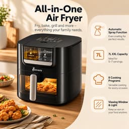 BUVARO Airfryer XL 7L – Automatische Olie- en Watersproeifunctie – 1800 W – 8 Programma’s – Kijkvenster – Zwart — thumbnail 5