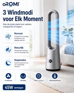 oROMI Bladloze Torenventilator 63 cm – 45W – 3 Snelheden en 3 Windmodi – Afstandsbediening – 24-uurs Timer – Oscillatie – Aromafunctie – Zilver — thumbnail 4