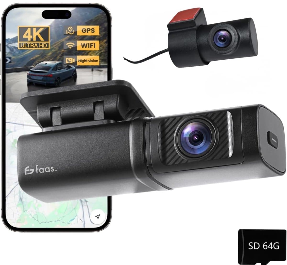 SnelShoppen - Faas Dashcam Auto Voor & Achter – 4K Dual Camera – 64GB Micro-SD – G-sensor, Nachtzicht, Parkeermodus & Loop Recording – Zwart — afbeelding 1