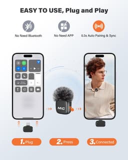 Draadloze dasspeldmicrofoon geschikt voor iPhone, iPad en Android-telefoons. Set van 2 mini-microfoons met ruisonderdrukking, automatische koppeling, mute-functie en reverb, geschikt voor vloggen, video-opnames, TikTok en YouTube — thumbnail 2