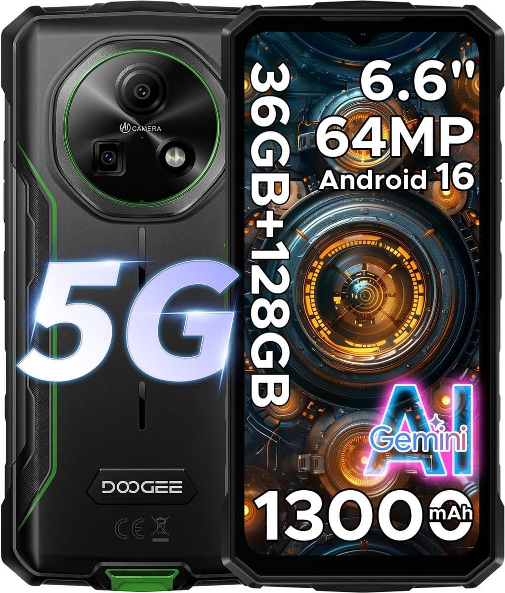 DOOGEE Fire 7 5G - Smartphone - Robuuste Smartphone - 36GB RAM + 128GB ROM/2TB TF - Android 16 - 13000mAh/18W - 6,6 inch HD+ 90Hz Scherm - IP68 Waterdicht - Dimensity 6300 - 64MP AI Camera - Gemini AI - NFC - OTG - 3 Card Slots - Groen — afbeelding 1