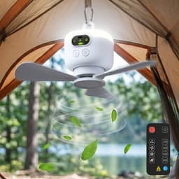 Rosnek Oplaadbare Plafondventilator met Lamp - 8000mAh Campingventilator - Draadloze Tentventilator met Onafhankelijk Nachtlampje & Afstandsbediening - Plafondlampen met ventilator Ø 27cm - Wit — thumbnail 1