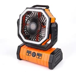 Draagbare campingventilator met hoge capaciteit, afstandsbediening, verlichting, dubbele haken en grote luchtstroom – Ventilator, los apparaat, draadloos, batterijloos, draagbaar (oranje). — thumbnail 5