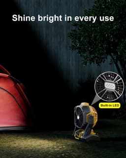 Draagbare campingventilator met hoge capaciteit, afstandsbediening, verlichting, dubbele haken en grote luchtstroom – Ventilator, los apparaat, draadloos, batterijloos, draagbaar (oranje). — thumbnail 4