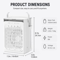 3-in-1 draagbare verdampingskoelventilator, mini USB koelventilator met 1000ml watertank, 4 windsnelheden, 2/4/6 uur timer en RGB sfeerverlichting voor bureau, kantoor en slaapkamer — thumbnail 2