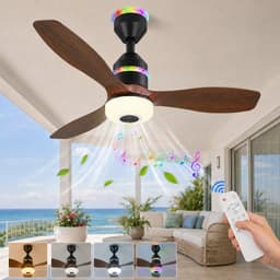 MUPOO Houtlook plafondventilator met verlichting RGB Ø61cm-RGB LED plafonventilator afstandsbediening met Bluetooth Speaker-plafonniere met ventilator met 3 Snelheden & Slaapmodus- ventilator lamp plafond Voor slaapkamer,Woonkamer veranda — thumbnail 1
