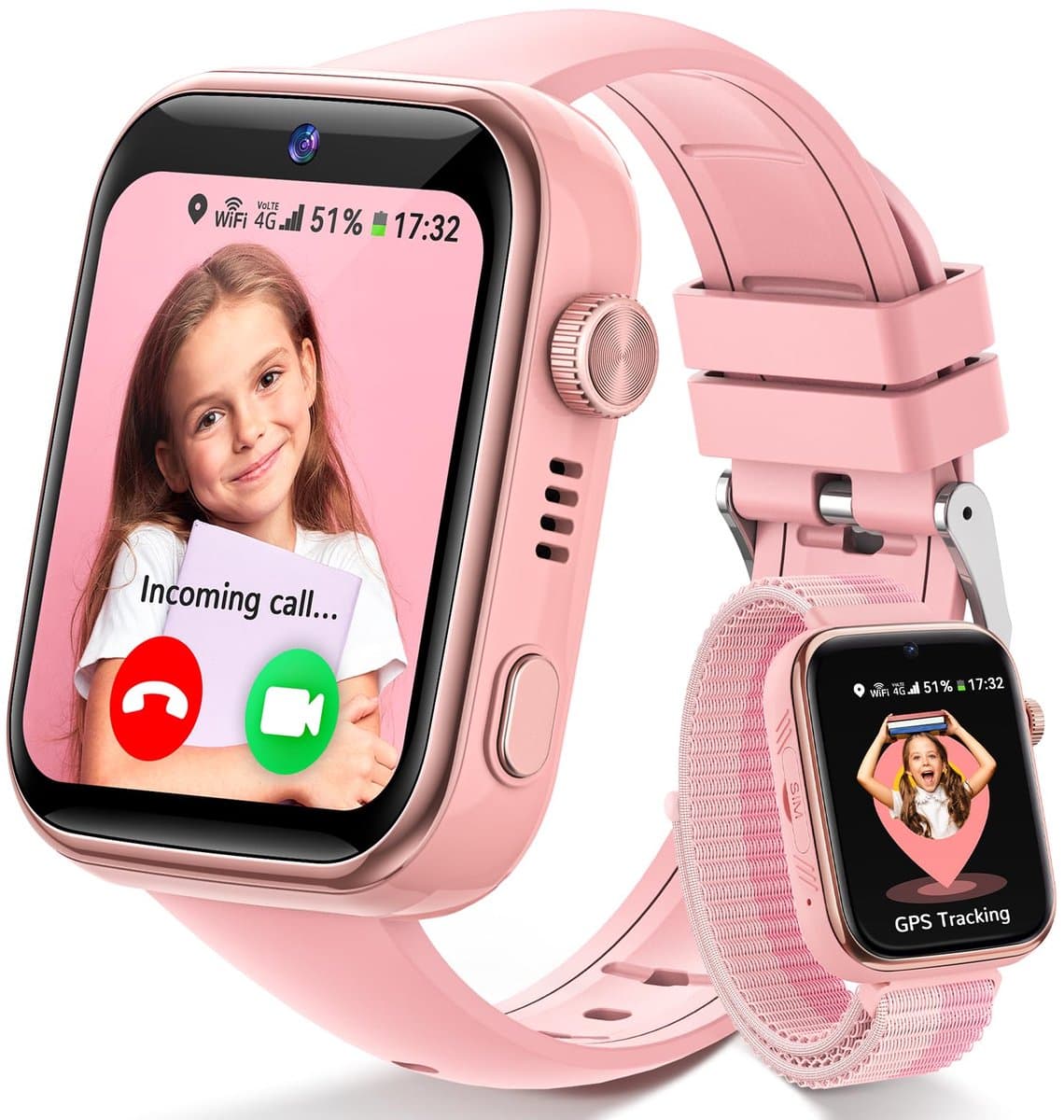 FOSMET 4G Smartwatch Kinderen - KidsWatch - Kinder Smartwatch - GPS Horloge Kind - SOS Knop - Tweeweg-gesprekken - GPS Horloge Kind - Kinderhorloge met Simkaart - Videobellen - Geschikt voor 4-12 Jaar - Meisje - Roze — afbeelding 1