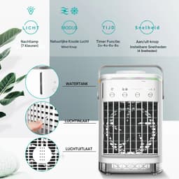 Mobiele airco zonder Slang & Afvoer- 3-in-1 - 4 Snelheden - Mini Ventilateur - Draagbare Aircooler - LED Verlichting- Aircoventilatoren - Voor Slaapkamer & Woonkamer - Wit — thumbnail 4