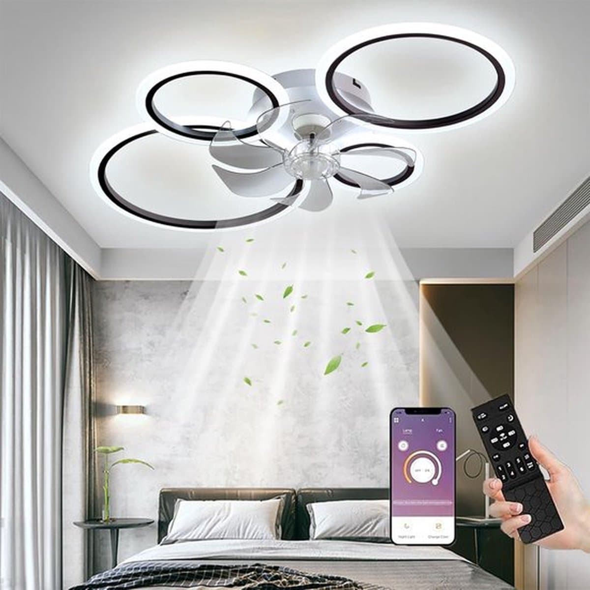 LuxiLamps - 4 Ringen LED Plafondventilator - Zwart - 6 Snelheden - Smart lamp - Dimbaar Met Afstandsbediening & APP - Moderne Cirkel Ventilator Licht - Kroonluchter Ventilator — afbeelding 1